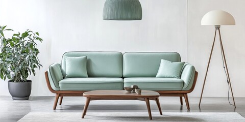 Light Teal Sofa in Modern Living Room with Wood Accent Table