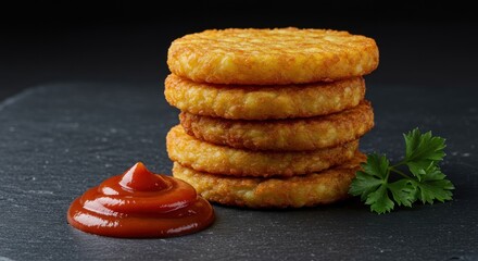 Stack of Hash Browns with Ketchup - Photo
