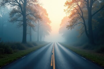 Fototapeta premium Foggy mist swirls around a winding road, trees loom in the background, winding road, fog