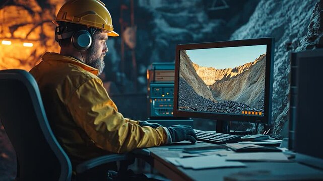 Worker in mining gear analyzing geological data on computer screen