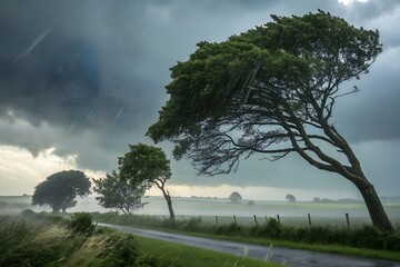 Rain and storm winds blowing trees