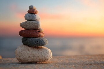 Fototapeta premium Stone stack at sunset for balance and tranquility representation 