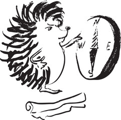 Outline a hedgehog traveler with maps and a compass decides where to go. Mammals with spines, wildlife, and fauna. For fabric design, packaging, and clothes in a minimalistic style.