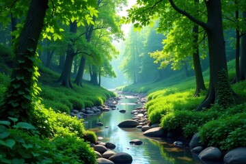 Forest River Valley, lush green trees and vines, tropical forest, foliage