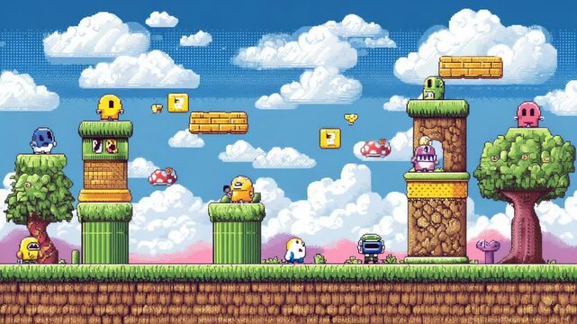 Colorful pixel art platformer game level with blocks, trees and clouds