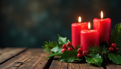 Four burning Advent candles on a wooden table surrounded by evergreen branches and holly leaves, evergreen trees, fireplace