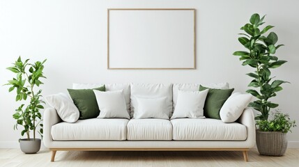 Fototapeta premium Modern living room mockup with plants and empty frame