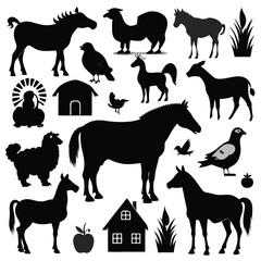 A collection of black silhouette illustrations showcases various farm animals, from horses and cows to poultry and rabbits.