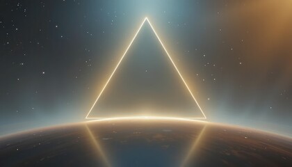 Illuminated geometric triangle over earth in space digital art cosmic environment surreal viewpoint abstract concept