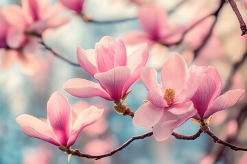 Obraz premium Blooming magnolias in soft focus with pink petals in springtime garden