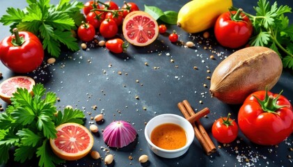 Fresh ingredients displayed in a vibrant display on a marble table top, fruit and vegetable arrangement, kitchen essentials