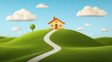 Naklejka premium Cozy House on a Green Hill with Blue Sky and Fluffy Clouds