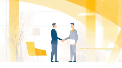 Two businessmen shake hands in a bright, modern office space, symbolizing collaboration and agreement.