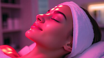 Relaxing facial treatment under therapeutic light.