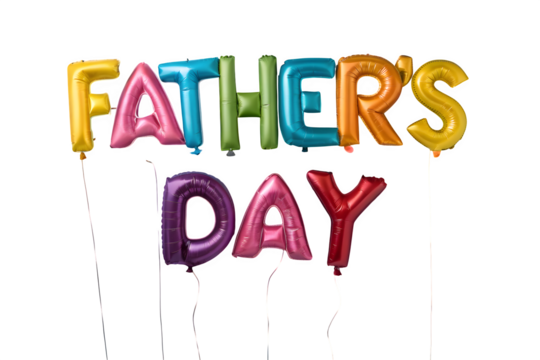 Colorful balloon letters spelling "Father's Day", vibrant foil balloons isolated on transparent background