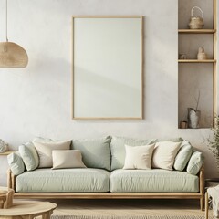 Empty framed art piece, light green sofa, boho living room, sunlight streaming in