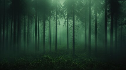 Obraz premium Enigmatic Green Forest: A Mystical Fog Envelops Ancient Trees