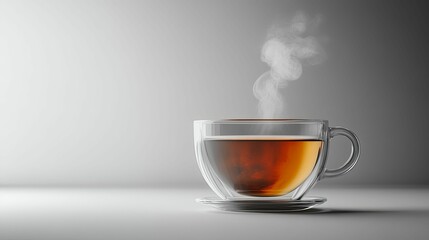 Steaming glass teacup on a light gray surface.