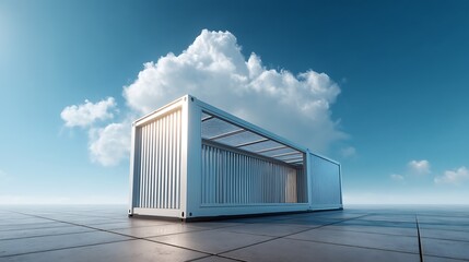 Obraz premium White Shipping Container with Open Door Under a Blue Sky and Soft Clouds on a Modern Pavement Surface