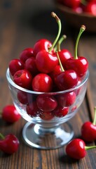Fresh red cherries arranged artfully in a clear glass bowl, bowl, centerpiece