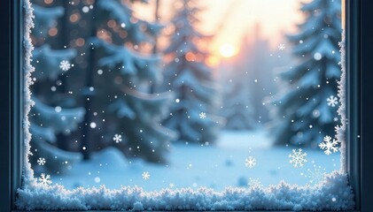 Frosty windowpane with snowflakes gently falling, peaceful, winter