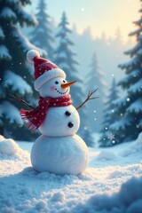 Fototapeta premium Frosty winter landscape with snowman standing alone, surrounded by trees and snowflakes falling, snowflakes, snowy
