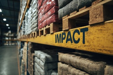 Fototapeta premium Goods on warehouse shelves highlighting import tariffs trade flow effects 