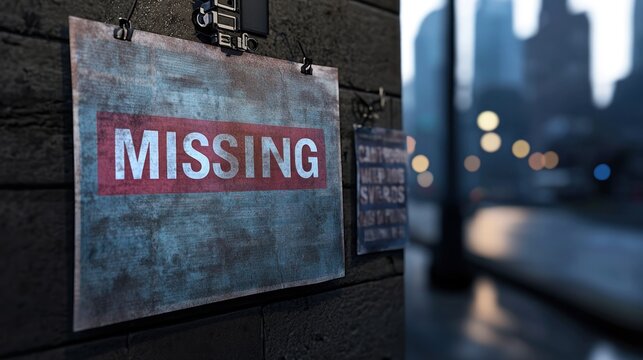 Missing person poster on urban wall, city background