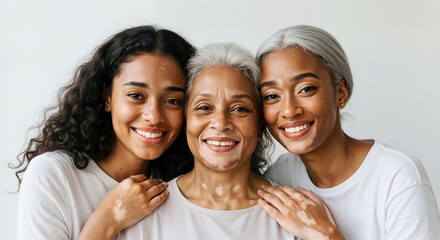 Three generations of african american women with vitiligo on skin  joyfully embracing against a neutral background  