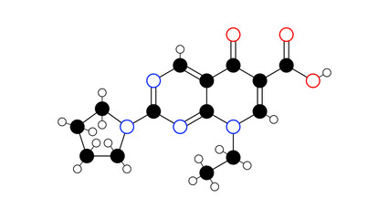 piromidic acid molecule, structural chemical formula, ball-and-stick model, isolated image antibiotic