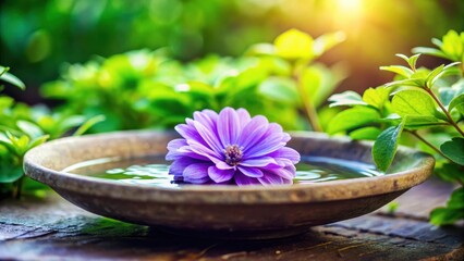 Fototapeta premium A delicate violet flower blooms in a shallow bowl, with soft petals and intricate details in selective focus, surrounded by lush green leaves , floral arrangement, garden scene