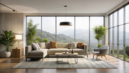 Fototapeta premium Minimalist living room with a large window and modern furniture, interior design