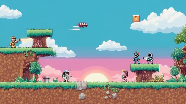 Retro pixel art video game level with characters in battle at sunset sky