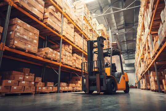 Stacked boxes and forklift in warehouse for tariff trade logistics symbolism  
