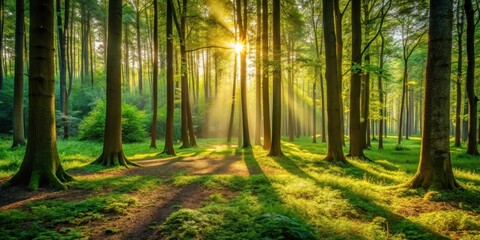 Fototapeta premium Lush green forest illuminated by warm golden sunlight filtering through towering trees and casting dappled shadows on the forest floor, evening, nature