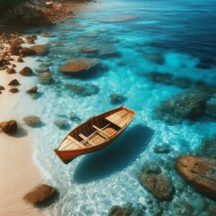 Wooden boat floats in transparent blue ocean water. Clear water, calm waves, rocks visible on bottom.