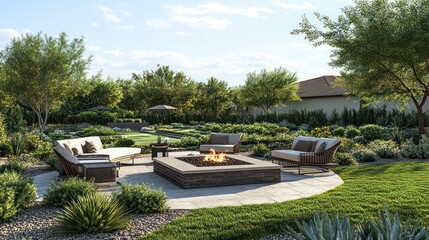 Outdoor fire pit area, patio furniture, community backyard, golf course in background.  Use  Modern living, luxury homes