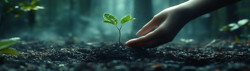 Fototapeta premium Planting trees in wild forest, hand and seedling center focus, environmental care concept, global green movement, misty woods, cinematic composition, ultrarealistic