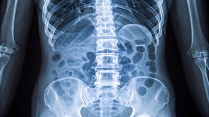 Human torso x ray showing spine ribs and pelvis