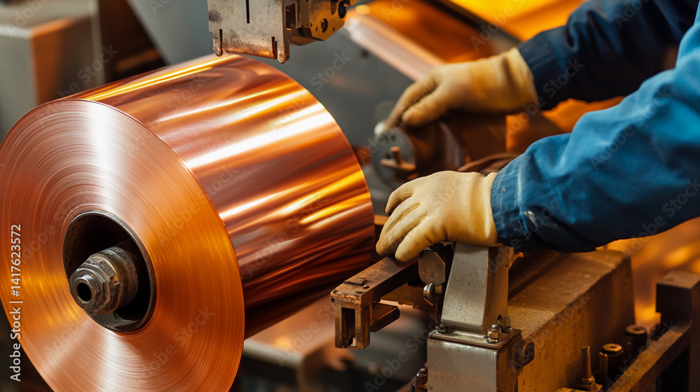 Aufkleber Worker operates a copper rolling machine in a factory Generative AI