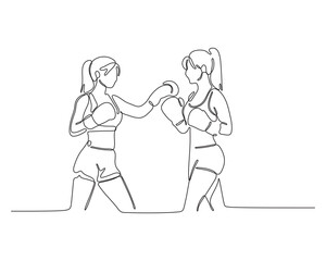 Two female boxers sparring, single continuous line drawing. Sport and competition concept.
