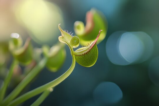 Close-up of a sunlit venus flytrap with blurred background