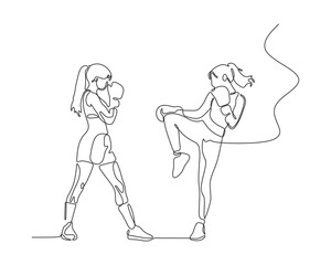 Continuous line drawing of two women practicing kickboxing. Minimalist vector of female martial artists training with boxing gloves and dynamic motion, symbolizing strength and fitness.