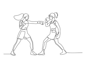One line drawing of two women sparring in a boxing match. Minimalist vector of female boxers in action, symbolizing competition, strength, and training in martial arts or fitness sports.