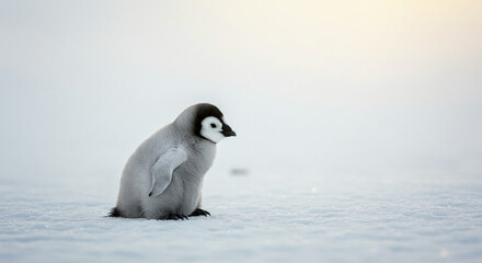 Fototapeta premium Penguin Chick Standing Alone on Snowy Landscape