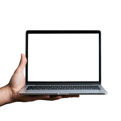 A person is holding a laptop with a white screen