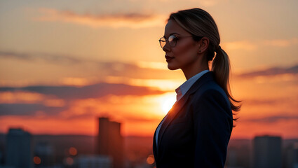 Fototapeta premium Silhouette of a businesswoman against a sunset sky