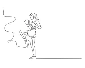 Continuous line art of a woman practicing a martial arts knee strike. Minimalist vector illustration perfect for fitness, kickboxing, and combat sports concepts.