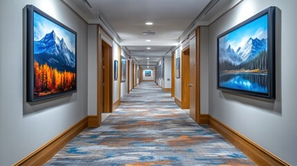 Hotel hallway with art, mountain views, and spacious design