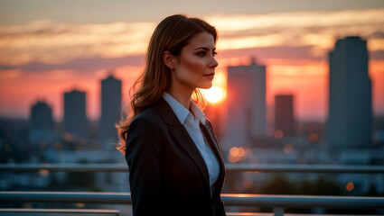 Fototapeta premium Silhouette of businesswoman against a vibrant sunset